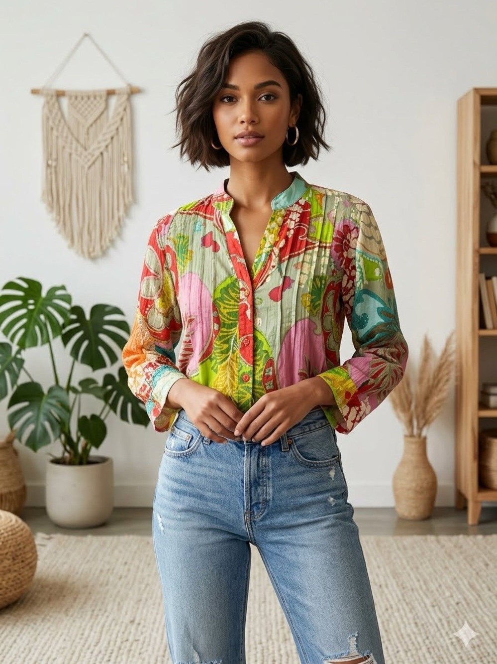 Bright Multicolor Floral Pintuck Blouse